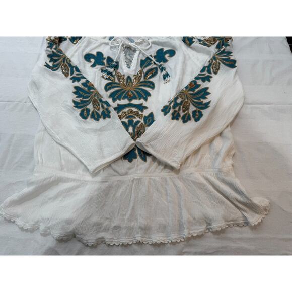 Soft Surroundings Shirt Sz S White Green Embroidered Sequins Tassel Boho Top - Picture 6 of 12
